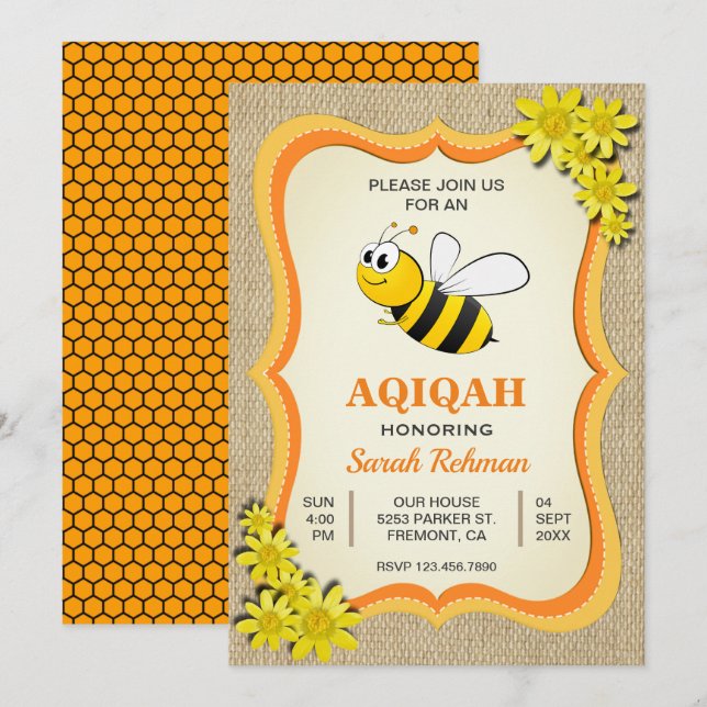 Convite Bebê Menina Abelha Mel Cute Aqiqah (Frente/Verso)