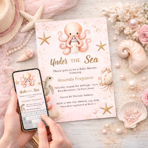 Convite Bebê menina animais marinhos rosa Festa de revelaç