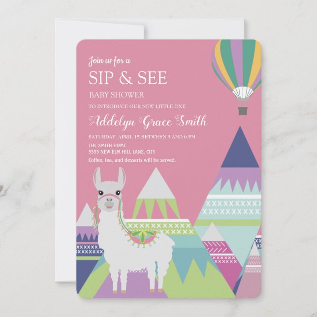Convite Bebê Menina Balão Alpaca Rosa Chá de Bebê (Frente)
