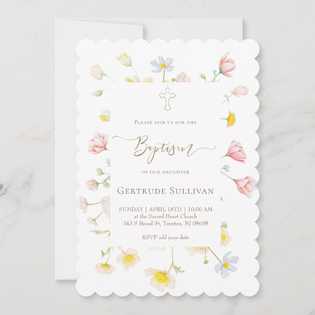 Convite bebê menina Batismo flores silvestres (Frente)
