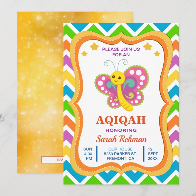 Convite Bebê Menina Borboleta Fofa Aqiqah (Frente/Verso)