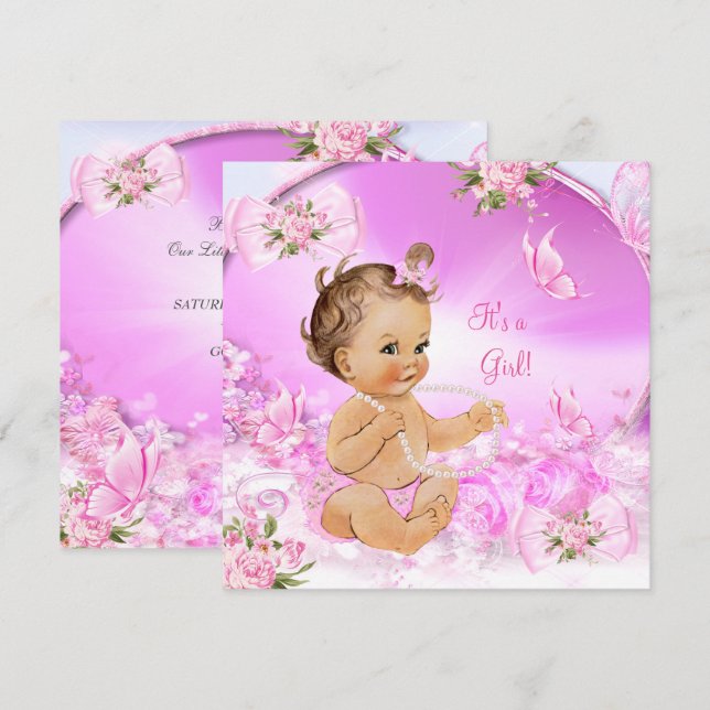 Convite Bebê Menina Chuvada de Bebê Borboleta Rosa Morena  (Frente/Verso)