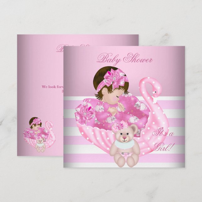Convite Bebê Menina Chuveiro Bebê Rosa Branco Cisne (Frente/Verso)