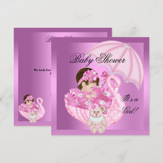 Convite Bebê Menina Chuveiro Bebê Rosa Cisne Branco (Frente/Verso)