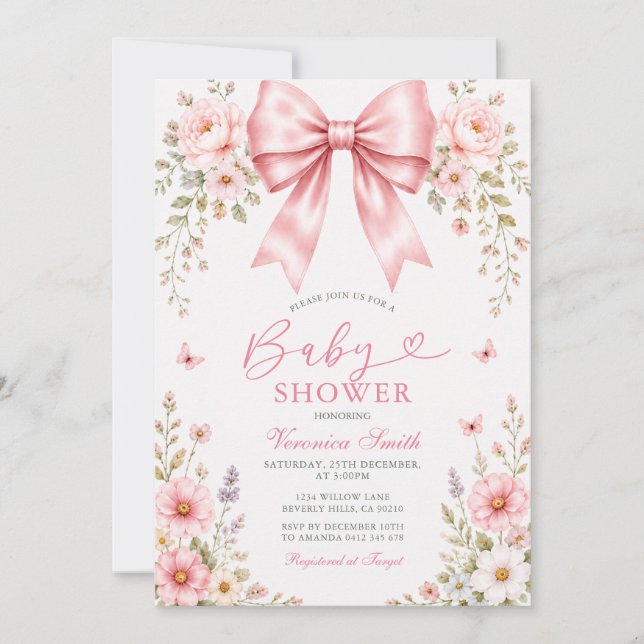 Convite Bebê menina Coquette Bebê CHUVA DE PRESENTES Flora (Frente)