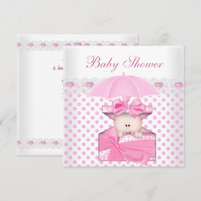 Convite Bebê Menina de Chuveiro de Bebê Fofo Branco Rosa B (Frente/Verso)