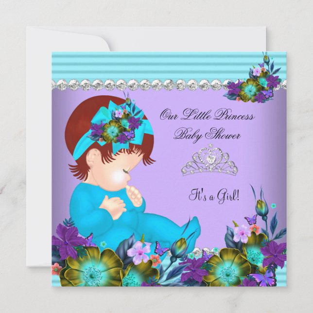 Convite Bebê Menina de Chuvinha Azul Teal Roxo Ruiva (Frente)