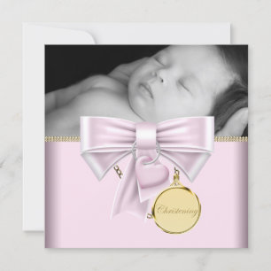 Convite Bebê Menina de Ouro Rosa Foto Batizado