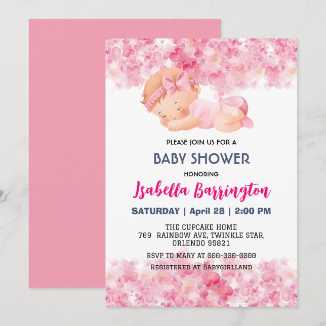 Convite Bebê menina fofa rosa flores de margarida baby sho (Frente/Verso)