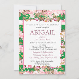 Convite Bebê Menina Judia Nomeando Hebraico Rosa Verde Flo