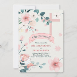 Convite Bebê Menina Pêssego Blossomas e Teal Christening