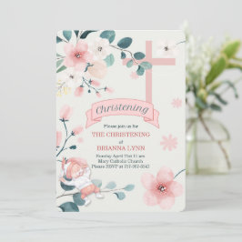 Convite Bebê Menina Pêssego Blossomas e Teal Christening
