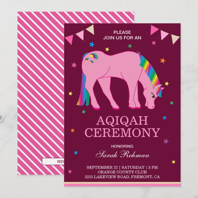 Convite Bebê Menina Pônei Arco-Íris Aqiqah (Frente/Verso)