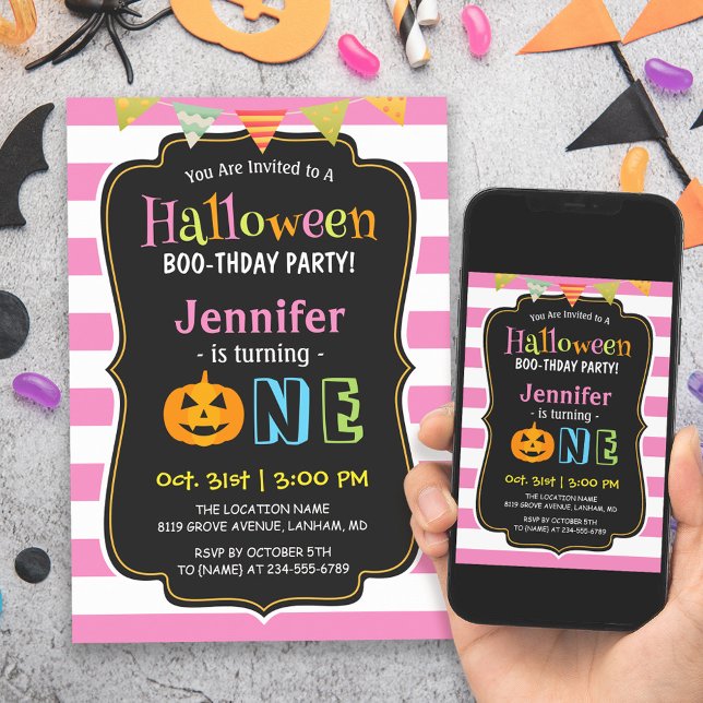 Convite Bebê Menina Rosa do Halloween Primeira Festa de an (Perfect for parents who want to throw a memorable and fun-filled Halloween-themed birthday party.)