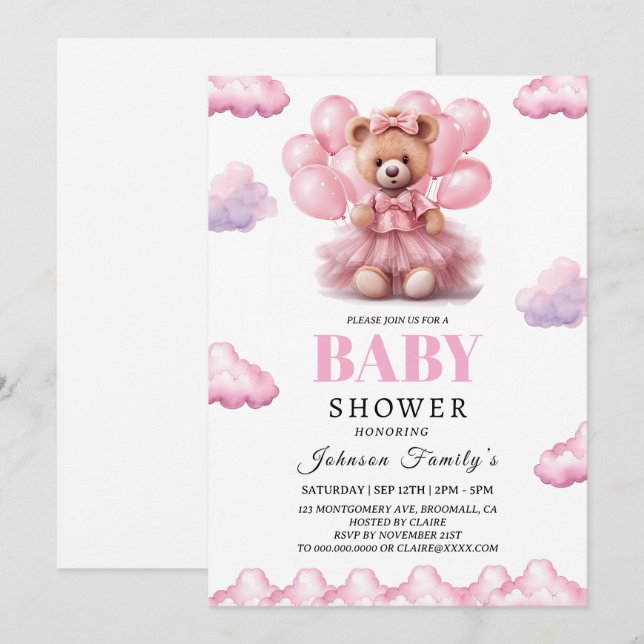 Convite Bebê menina ursinho boêmio rosa Chá de bebê (Frente/Verso)