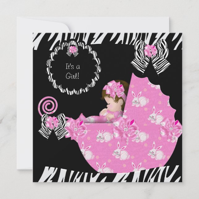 Convite Bebê Menina Zebra Chuveiro Bebê Rosa Carrinho de B (Frente)