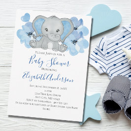 Convite Bebê Menino Azul Elefante Chuveiro de Bebê Flores