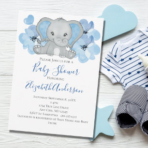 Convite Bebê Menino Azul Elefante Chuveiro de Bebê Flores