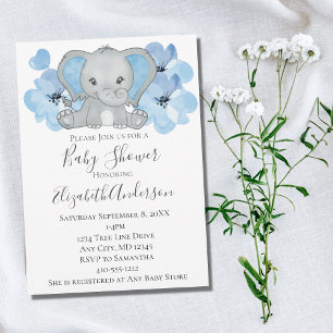 Convite Bebê Menino Azul Elefante Chuveiro de Bebê Flores 