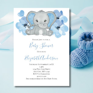 Convite Bebê Menino Azul Elefante Chuveiro de Bebê Flores