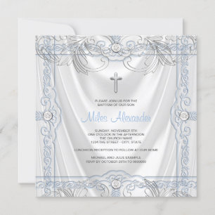 Convite Bebê Menino Azul Prata Batizado Cetim Branco