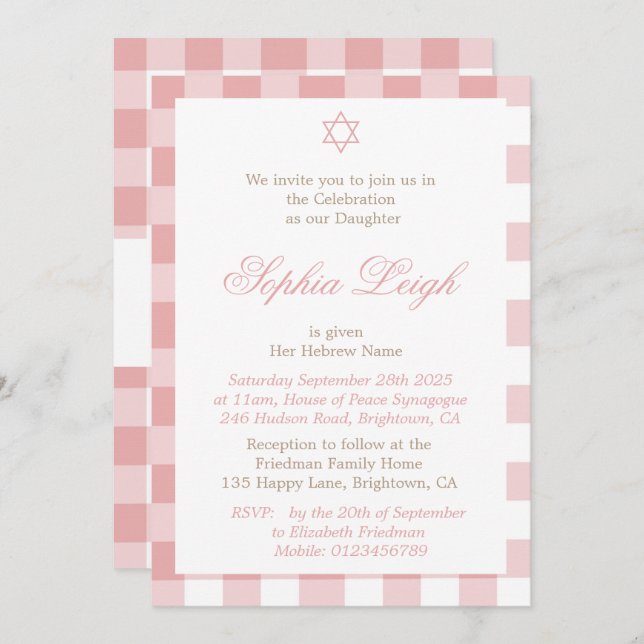 Convite Bebê Menino Cerimônia de Nomeação Hebraica Rosa Ju (Frente/Verso)