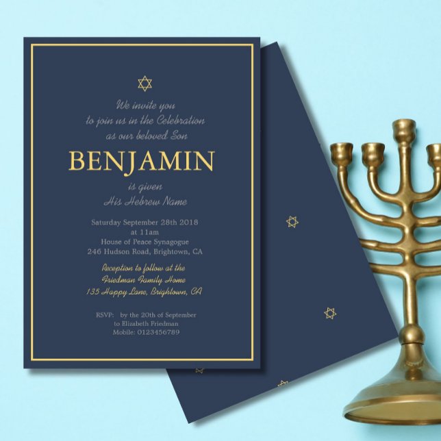 Convite Bebê Menino Cerimônia de Nomeação Hebraico Azul Am (Criador carregado)
