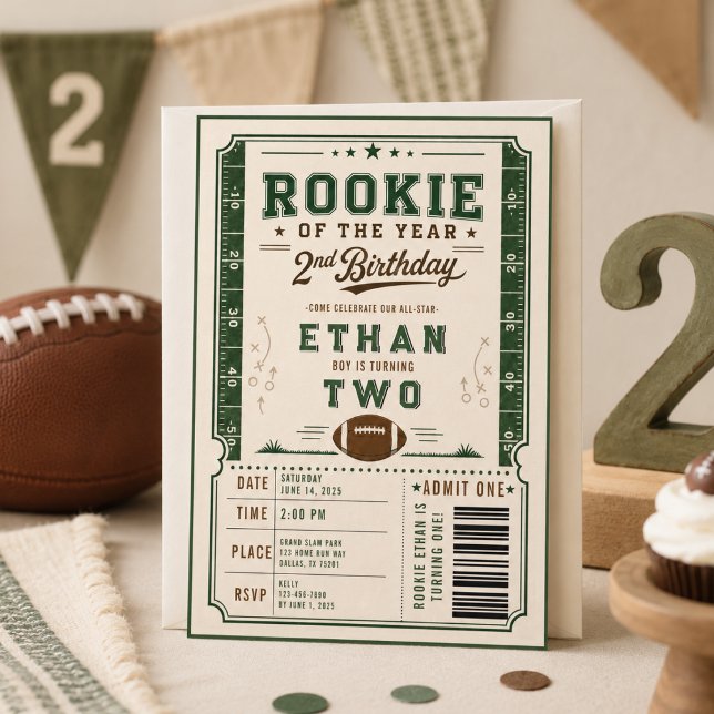 Convite Bebê menino de 2 anos de idade fazendo aniversário (Vintage Football Rookie 2nd Birthday baby boy Invitation
)