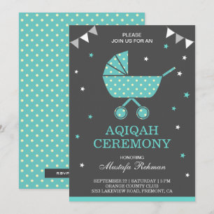 Convite Bebê Menino de Aqiqah Carrinho Azul Turquesa Fofo