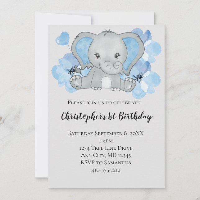 Convite Bebê Menino Elefante Azul Flores Balões Aniversári (Frente)