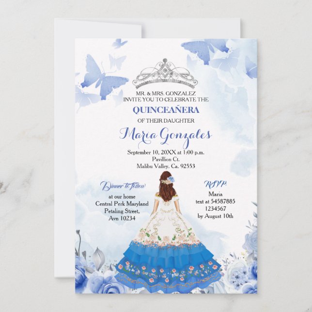 Convite Bebê mexicano Borboleta Azul Quinceanera Aniversár (Frente)