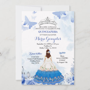 Convite Bebê mexicano Borboleta Azul Quinceanera Aniversár