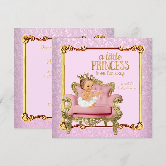 Convite Bebê Morena Princesa Baby Shower Rosa Dourado Cade (Frente/Verso)