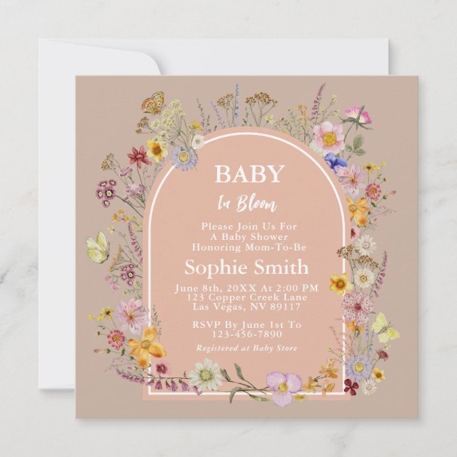 Convite Bebê na flor da flor selvagem - Rosa (Frente)