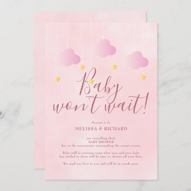 Convite Bebê não espera Chá de fraldas rosa (Frente/Verso)