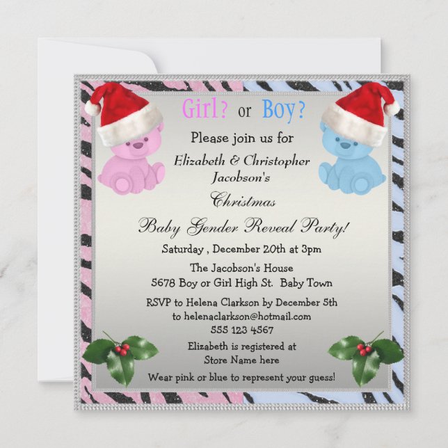 Convite Bebê Natal Ursos Revelam Ursos em Papai Noel (Frente)