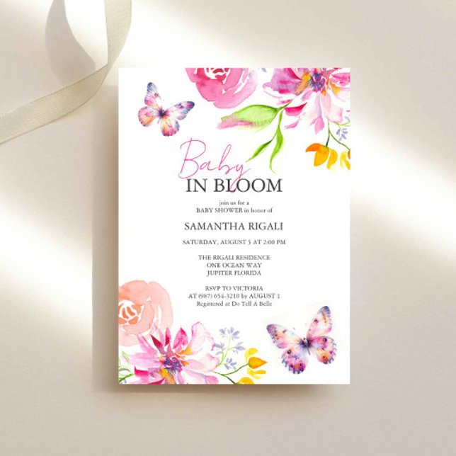 Convite Bebê No Blogue Borboleta Floral Chá De Aquarela (Butterfly and floral baby shower invitations feature unique watercolor art by Victoria Grigaliunas)