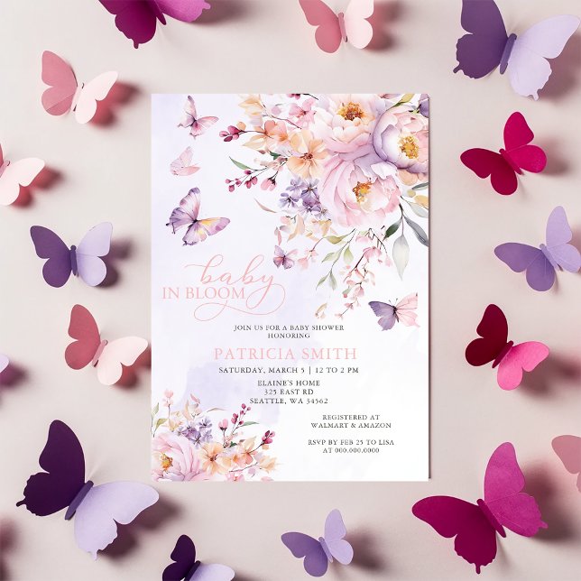 Convite Bebê no Blogue Borboletas Púrpuras Chá de fraldas (Baby in Bloom Pink Purple Butterflies Baby Shower Invitation)