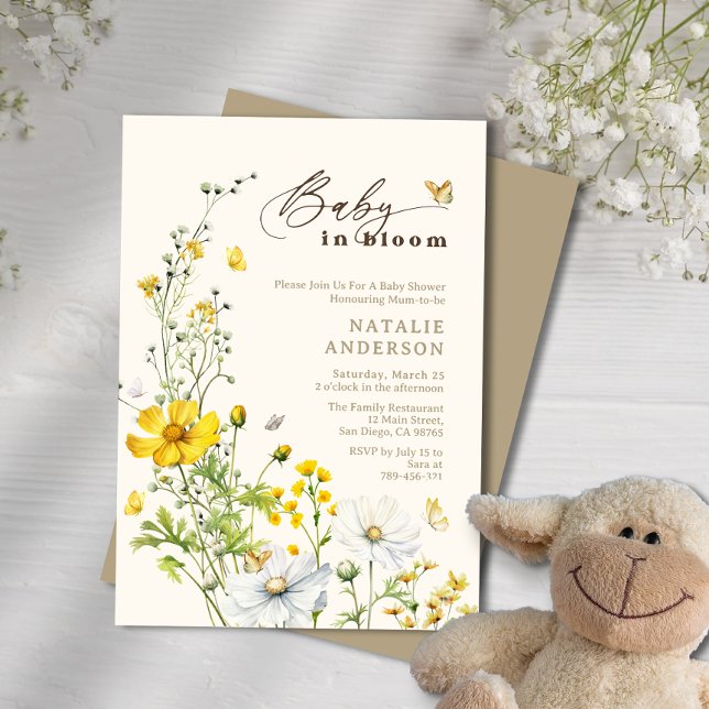 Convite Bebê no Blogue Flores Selvagens Chá de fraldas de  (Baby in Bloom Wildflowers Butterflies Baby Shower Invitation)