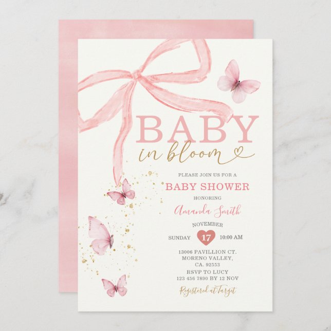 Convite Bebê no Bloom, Arco Rosa, Chá de fraldas (Frente/Verso)