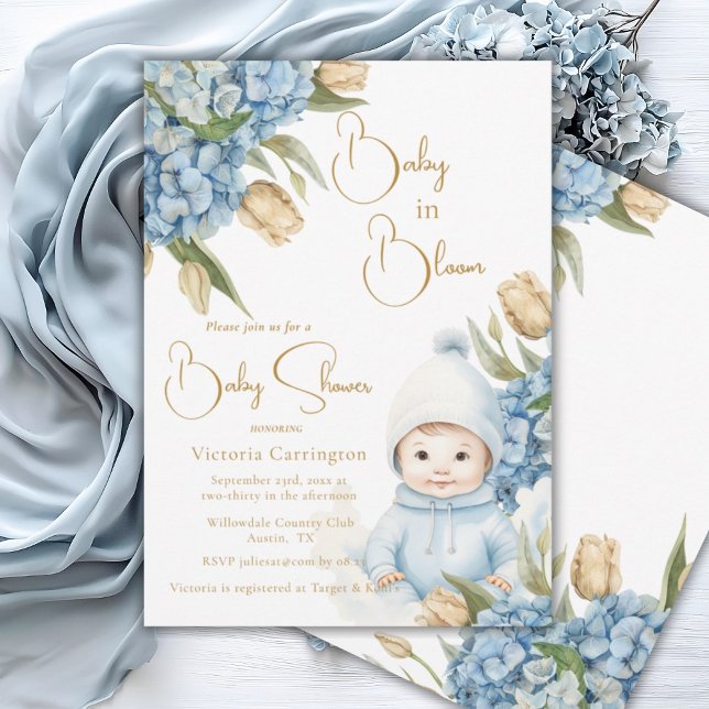 Convite Bebê no Bloom Blue Floral Baby Boy (Criador carregado)