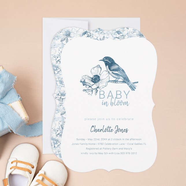 Convite Bebê no Bloom Blue Floral Chá de fraldas Invite (Baby in Bloom Chinoiserie Baby Shower Invitation)