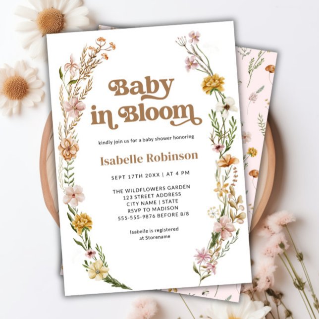Convite Bebê no Bloom Boho Chic Floral Chá de fraldas Rosa (Baby in Bloom Boho Chic Floral Pink Baby Shower Invitation)