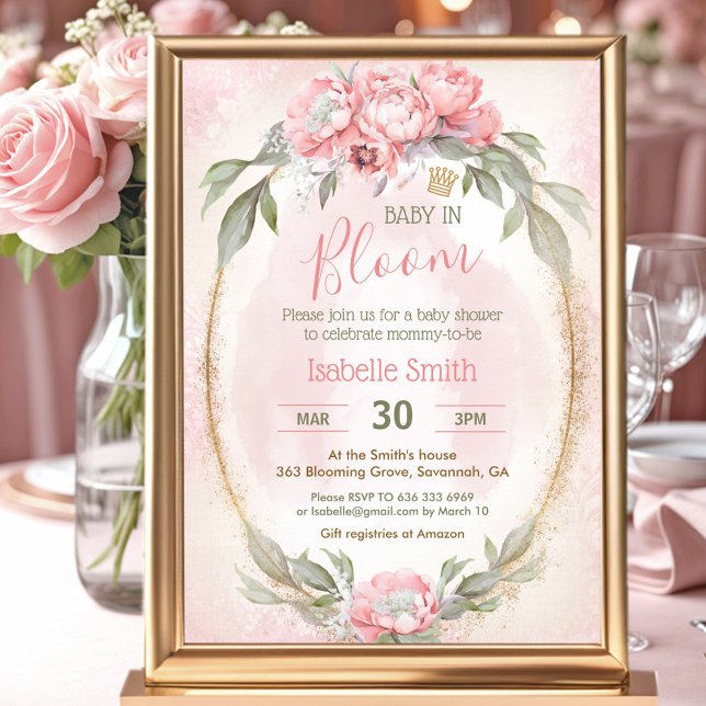 Convite Bebê No Bloom, Chá de fraldas De Menina Elegante F (Baby In Bloom Pink Floral Elegant Girl Baby Shower Invitation)