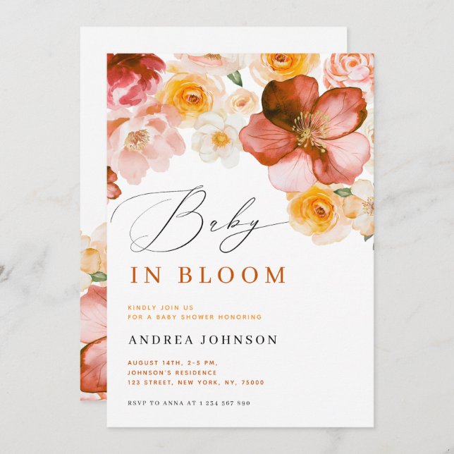 Convite Bebê no Bloom Chic Autumn Flowers Chá de fraldas (Frente/Verso)