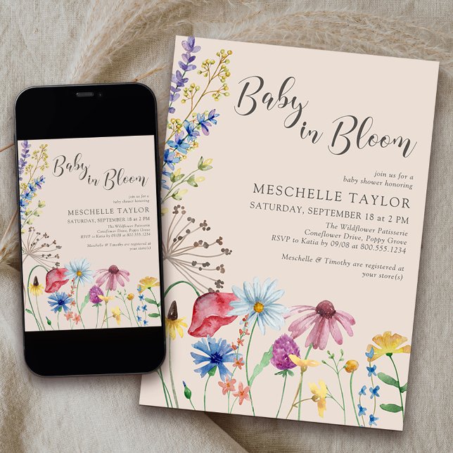 Convite Bebê no Bloom Country Seldflower Chá de fraldas (Baby in Bloom Baby Shower Invitation from my Wildflower Charm collection)