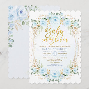 Convite Bebê no Bloom Dourado Chá Floral Azul