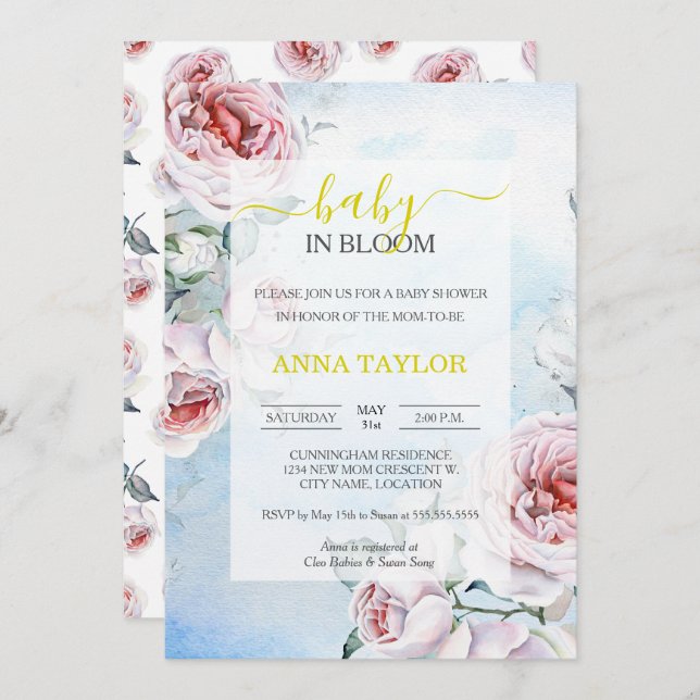 Convite Bebê no Bloom Elegante Chá de fraldas Azul Floral (Frente/Verso)