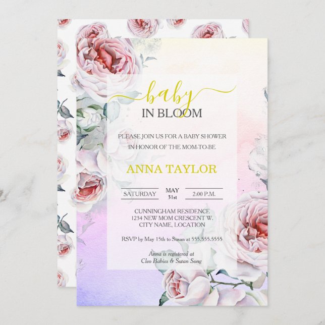 Convite Bebê no Bloom Elegante Chá de fraldas Rosa Floral (Frente/Verso)