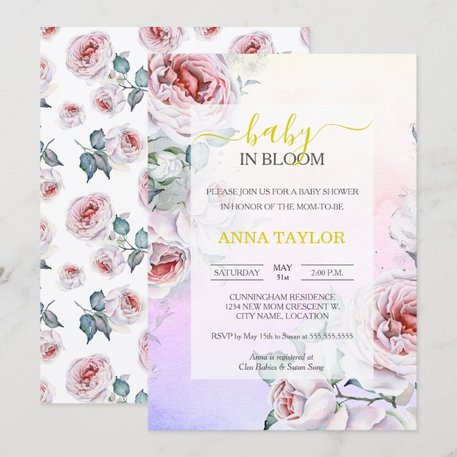 Convite Bebê no Bloom Elegante Chá de fraldas Rosa Floral (Frente/Verso)
